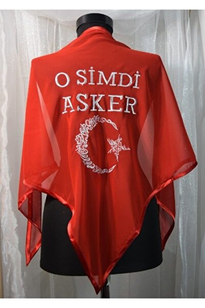 Evsay O Şimdi Asker İşlemeli Biyeli Asker Şalı Duvak Biyeli Örtü