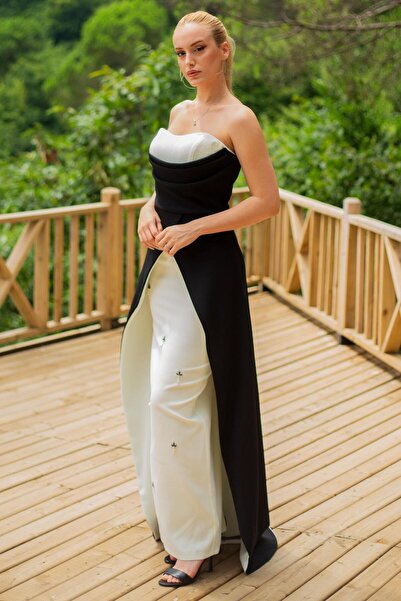 SpringStore Siyah Straplez Krep Abiye Elbise