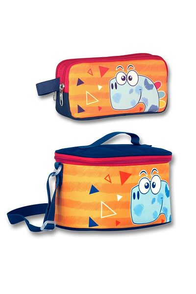 ÜMİT ÇANTA Cennec Cute Dino Orange Thermal Insulated Nutrition and Two-Eye Pencil Set for Boy