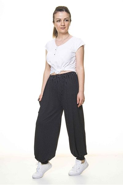 sharin Black Polka Dot Women's Shalwar Trousers - Elastic Waist 8c-4007