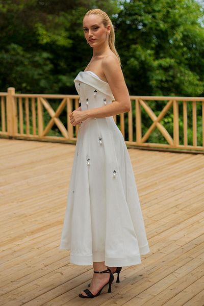 SpringStore Ecru Strapless Evening Dress - Pearl Embroidered