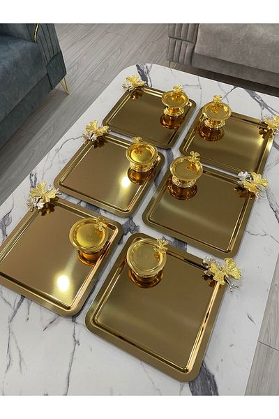 NEWTREND Züccaciye Gold 6-piece Presentation Tray - 2 Different Models, Butterfly Macaron Holder