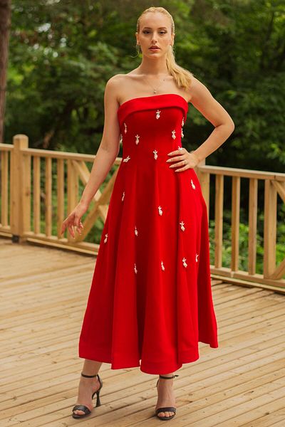 SpringStore Strapless Red Pearl Embroidered Evening Dress