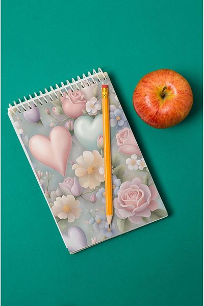 kutuTR 80 Sheets Striped Heart and Rose Patterned Vip Memo Pad - 70gr/m2 Ç-OB05 with Wooden MDF Cover