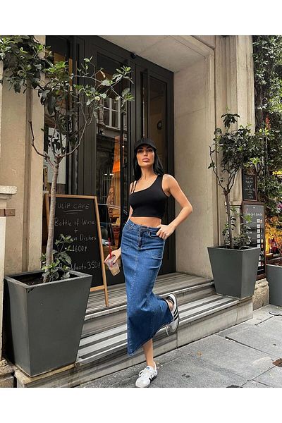 AREF JEANS Long Slit Back Denim Skirt