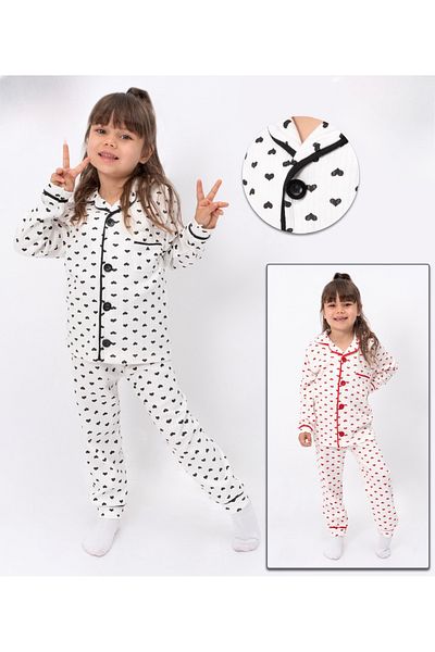Sparrow Laurel Heart Patterned 100% Cotton Pajama Set for Baby Girl - Buttoned Front, Heart Nightgown Set