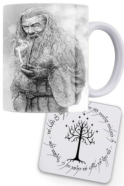 remonz Lotr Charcoal Printing Series Gandalf 100% Porcelain White Mug Wooden Coaster
