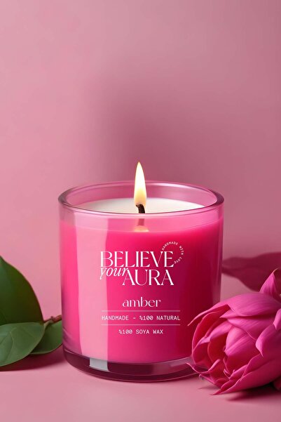 Believe Your Aura Amber Kokulu Mum - %100 Doğal Soya Mumu Fuşya Bardak Mum - ...