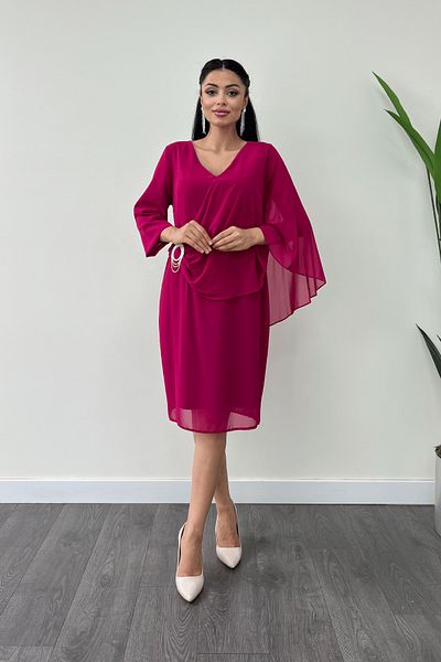 giyimmasalı Fuchsia Atlas Fabric Chiffon Brooch Detailed Pencil Dress