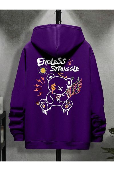 Black Sokak Purple Struggle Printed Oversize Men's Hooded Sweatshirt