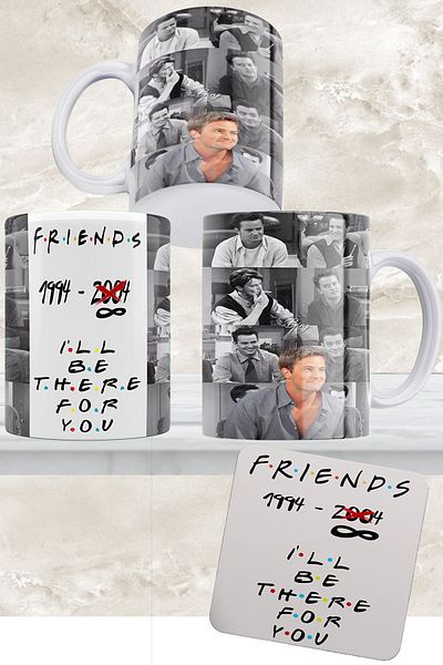 remonz Friends Series Chandler 3-Side Printed White Porcelain Mug and Wooden Coaster