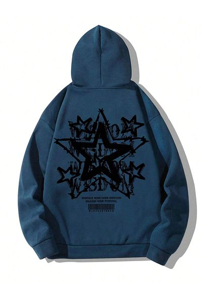Black Sokak Navy Blue Oversize Hooded Wisdom Printed Men's Sweatshirt