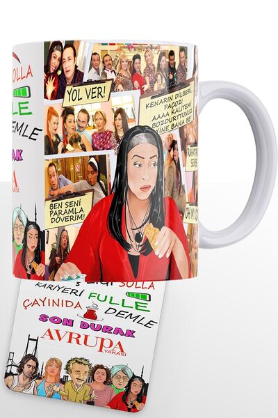 remonz European Side Series Şahika Koçarslanli Printed White 100% Porcelain Mug and Coasters