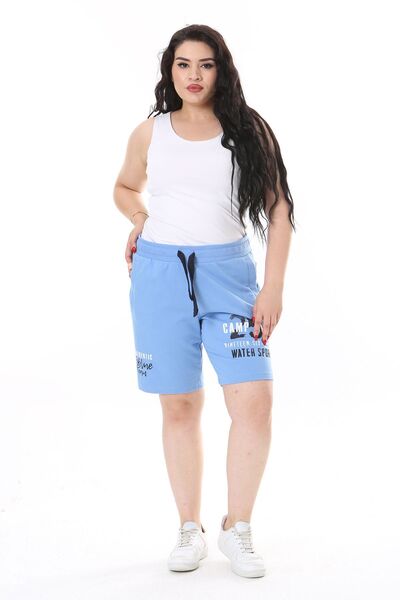 Şans Plus Size Blue Shorts - Elastic Waist, Lace-up Print and Pocket Detail 65N38129