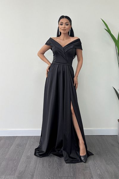 giyimmasalı Satin Fabric Boat Neck Evening Dress - Black