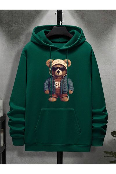 Black Sokak Green Oversize Bear 80 Printed Men's Sweatshirt - Hooded