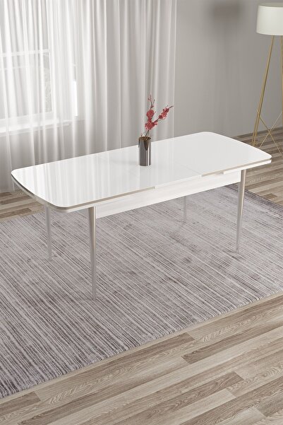 Canisa Beyaz 80x132 Açılabilir Yemek Masası Krom Metal Ayak