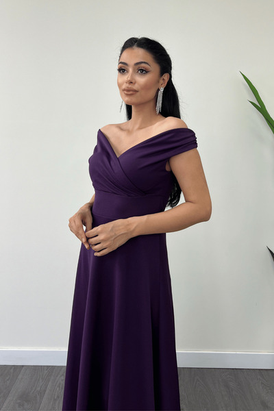 giyimmasalı Kayık Yaka Kiloş Elbise - Patlıcan Mor