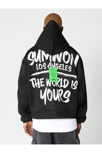 Black Sokak Sumwon Printed Oversize Hooded Black Men's Sweatshirt