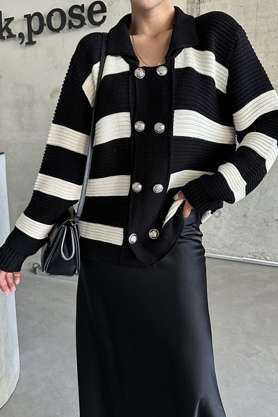 MODAGEN Black and White Knitwear Cardigan - Shirt Collar and Button Detail