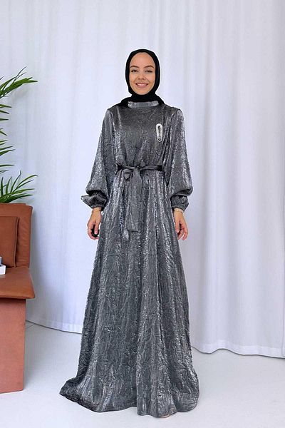 Ka Hijab Ανθρακί Καρφίτσα Λεπτομερές Hijab Φόρεμα