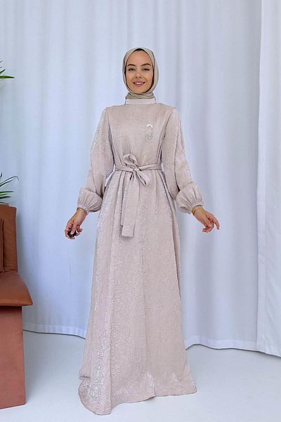 Ka Hijab Μπεζ Hijab Φόρεμα - Με Λεπτομέρεια Καρφίτσας