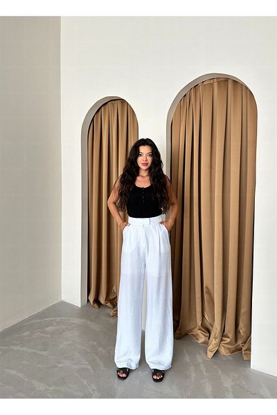 Laluvia Weiße Leinenhose aus 100 % Baumwolle mit Klettverschluss und weitem Bein – 3169