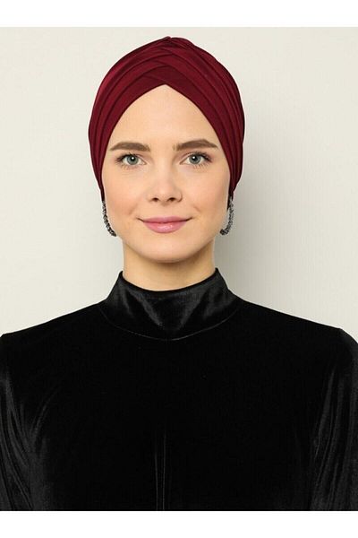 Naciye Sultan Crossed Three-Striped Sea Bonnet Ready-made Hijab Hijab Bonnet Claret Red