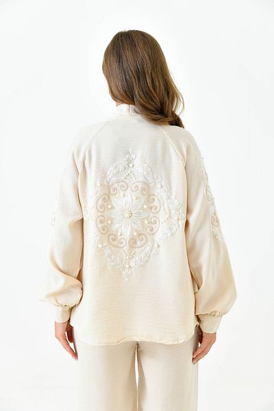lovebox High Waist Embroidered Shirt and Wide Leg Pants Set with Pockets - Long Sleeve, Sequin Detail 221