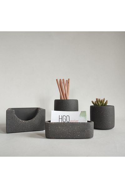 Hgo Atelier Black Concrete 4 Piece Office Set Pen Holder-Business Card Holder-Flower Pot-Note Paper Holder