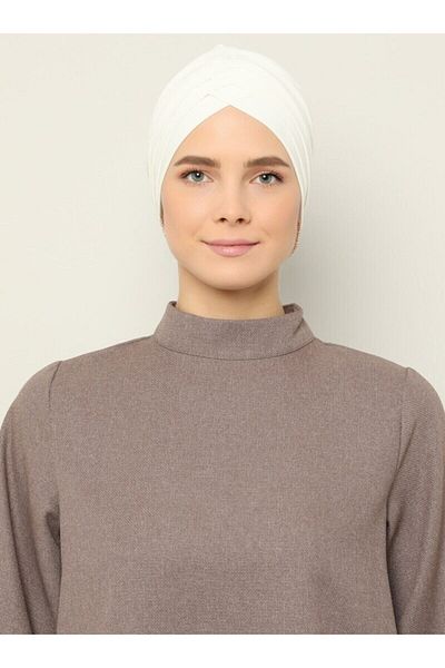 Naciye Sultan Crossed Three-Striped Ready-made Turban Hijab Bonnet Cream Swim Bonnet