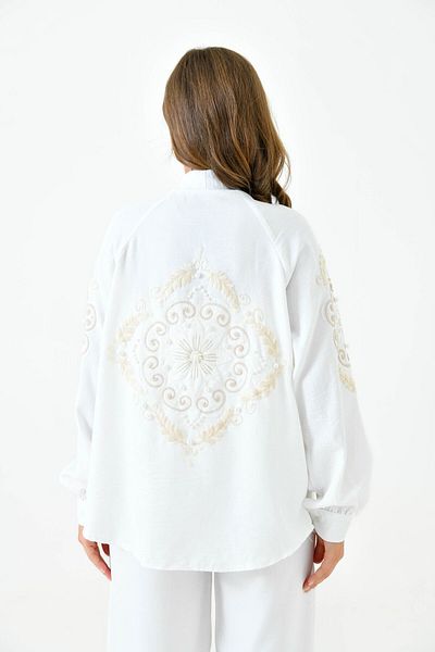 lovebox High Waist Embroidered Shirt and Wide Leg Pants Set with Pockets - Long Sleeve, Sequin Detail 221