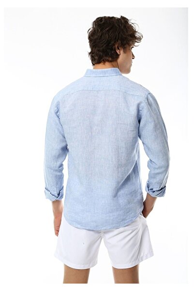 FineKids Ice Blue Collar Buttoned Foldable Epaulet Sleeve Slimfit Linen Shirt