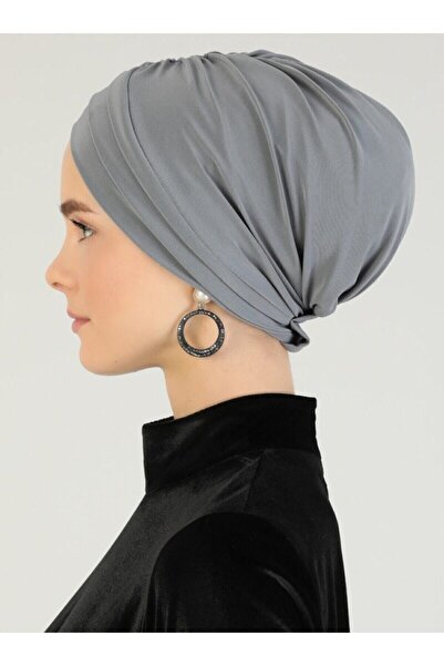 Mervin Şal Crossed Three-Striped Ready-made Turban - Gray - 25 -