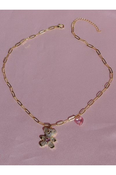 Reorah Collection Teddy Bear Pink Heart Necklace