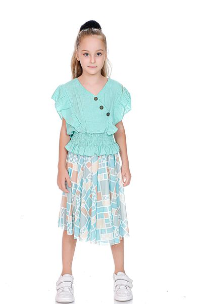 Kamex Green Girl's Muslin Blouse and Chiffon Skirt Set