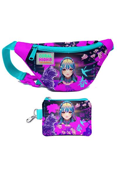 Coral High Purple Pink Anime Cat Patterned Waist Bag and Coin Purse Set for Girl