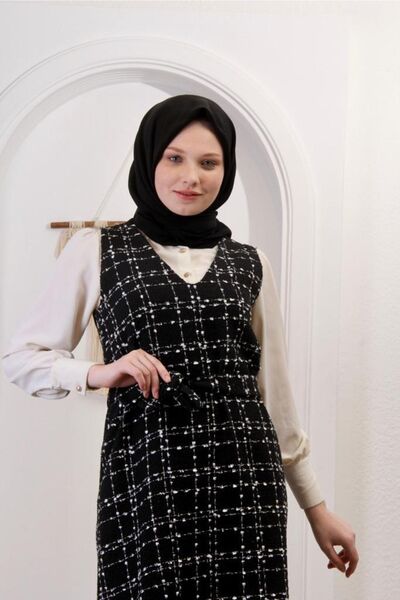 LEAF Fashion for Women Kadın Siyah Kuşaklı Tesettür Tüvit Jile Elbise