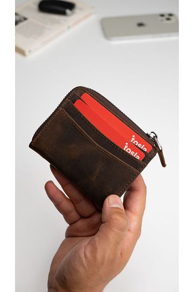 Niki Leather Тънък унисекс портфейл с цип от естествена кожа, кафяв