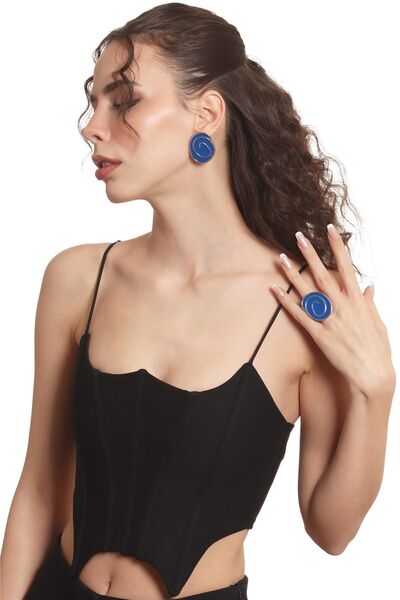 LABALABA Women's Silver Color Lacquer Plated Spiked Model Midnight Blue Enamel Earrings & Ring Set