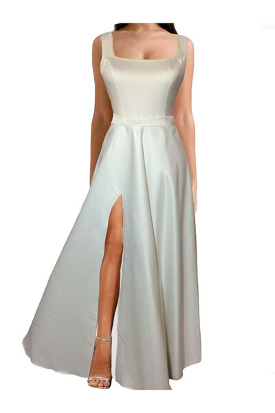 ASL Kare Yaka Yırtmaçlı Nikah Elbisesi