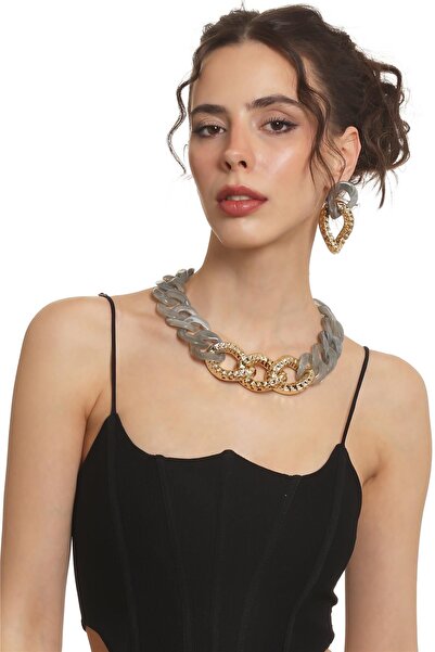 LABALABA Women's Thick Chain Form Smokey Gray & Gold Color Resin Necklace & Earrings Set