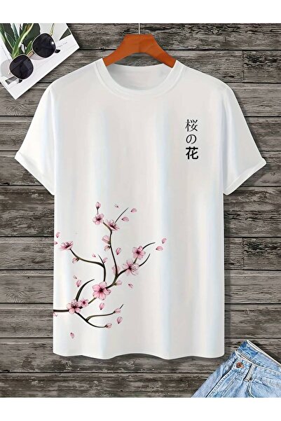 GALASHOP Sakura Desenli ve Japon Karakter Baskılı Tişört