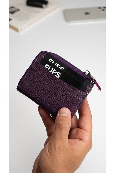 Niki Leather Thiny Unisex Plum - Zippered Genuine Leather Card Holder Wallet