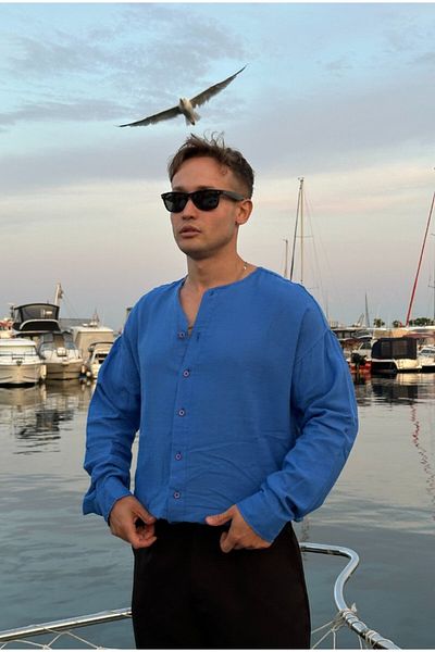serline Oversize Linen Shirt - Basic Collarless Design