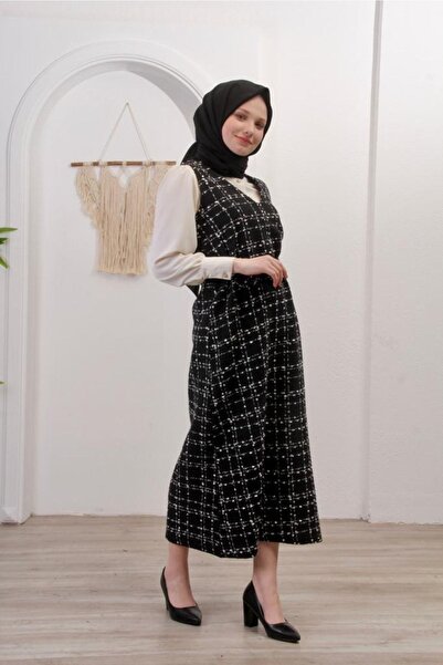 LEAF Fashion for Women Kadın Siyah Kuşaklı Tesettür Tüvit Jile Elbise