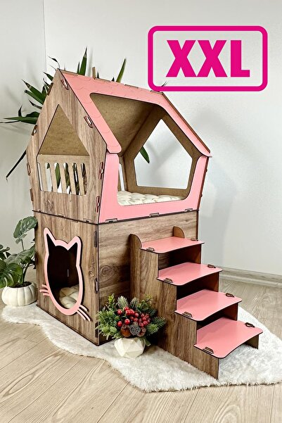 Onix Home XXL MODEL DEKORATİF AHŞAP BÜYÜK TERASLI KEDİ EVİ 5KG VE ÜZERİ KEDİL...