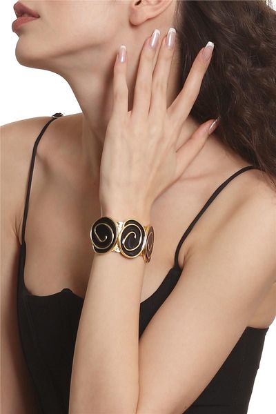 LABALABA Women's Gold Color Lacquer Plated Adjustable Open Band Black Enamel Bracelet