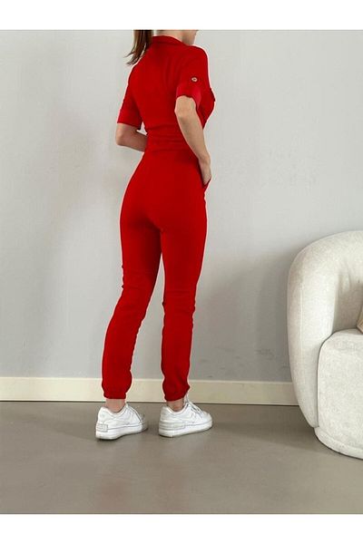 rengamoda Women's Imported Crepe Fabric Zippered Pocket Detail Belted Jumpsuit