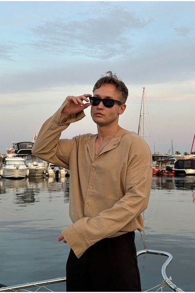 serline Oversize Linen Shirt - Basic Collarless Design